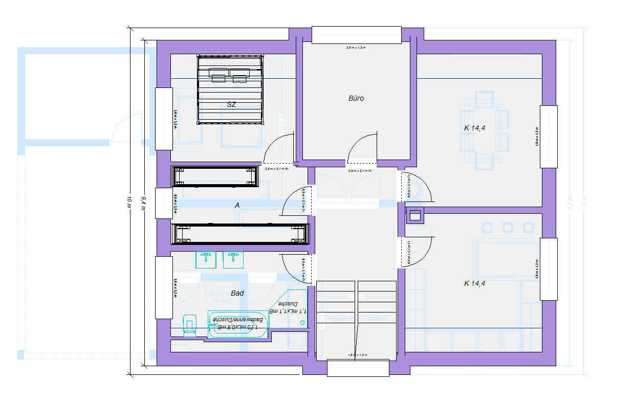 Grundriss eines Hauses mit Büro, Küche, Bad, Flur und Treppe.