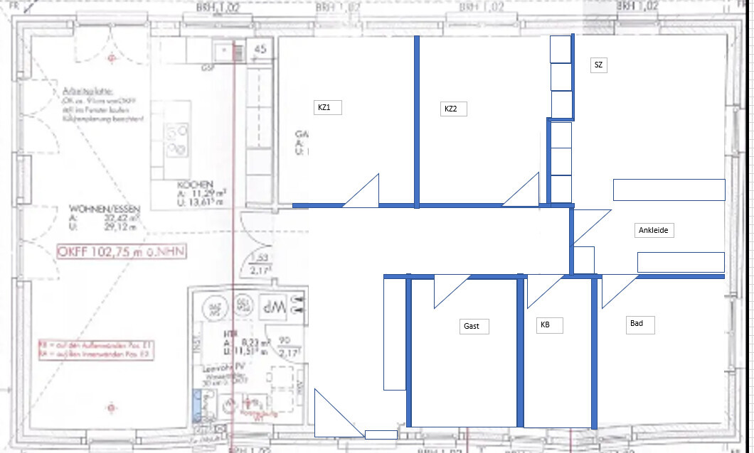 Grundriss einer Wohnung mit Küche, Wohnen/Essen, KZ1, KZ2, SZ, Ankleide, Gast, KB, Bad.