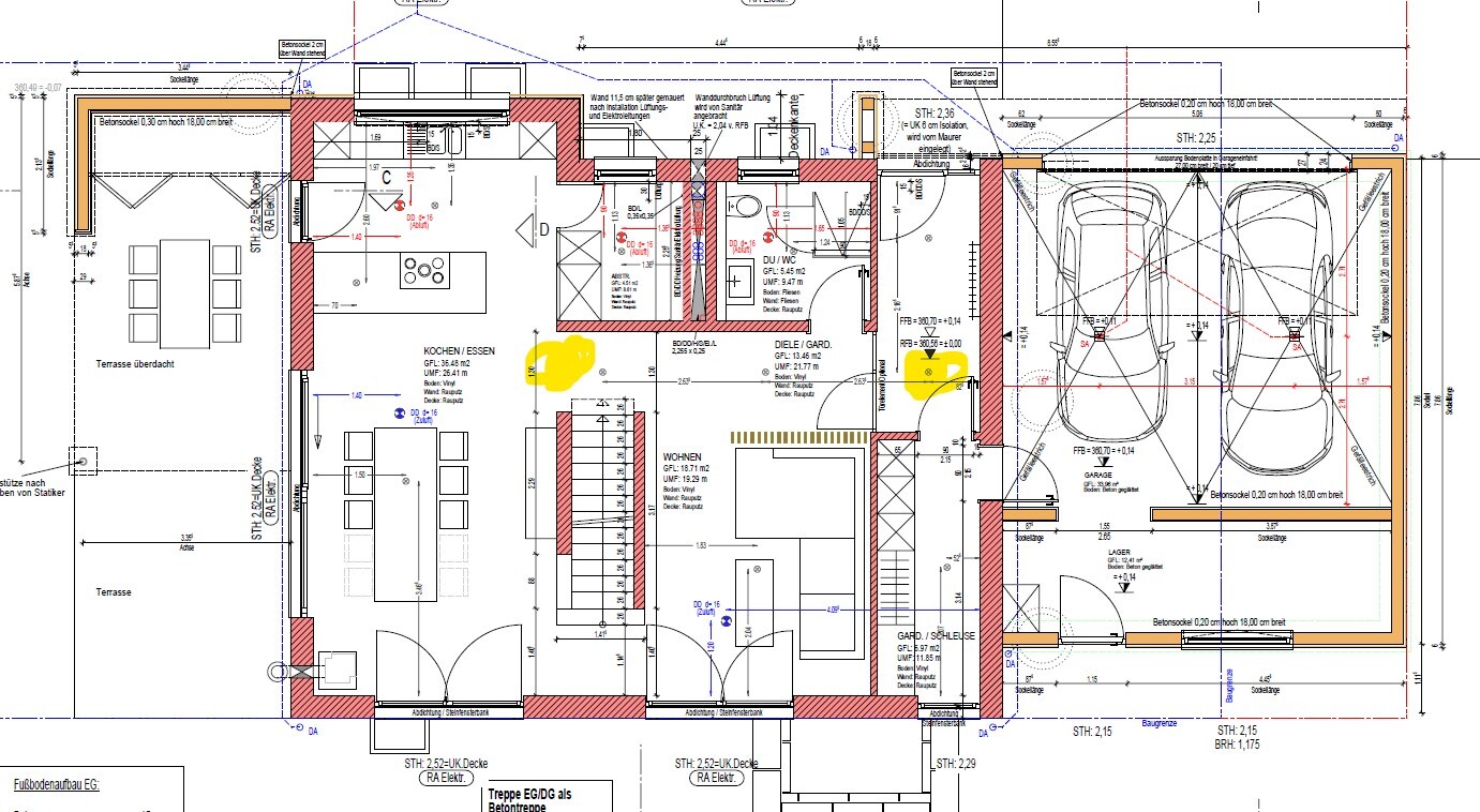 Grundriss eines Hauses mit Küche, Esszimmer, Wohnbereich, Diele, Bad, Doppelgarage und Terrasse.