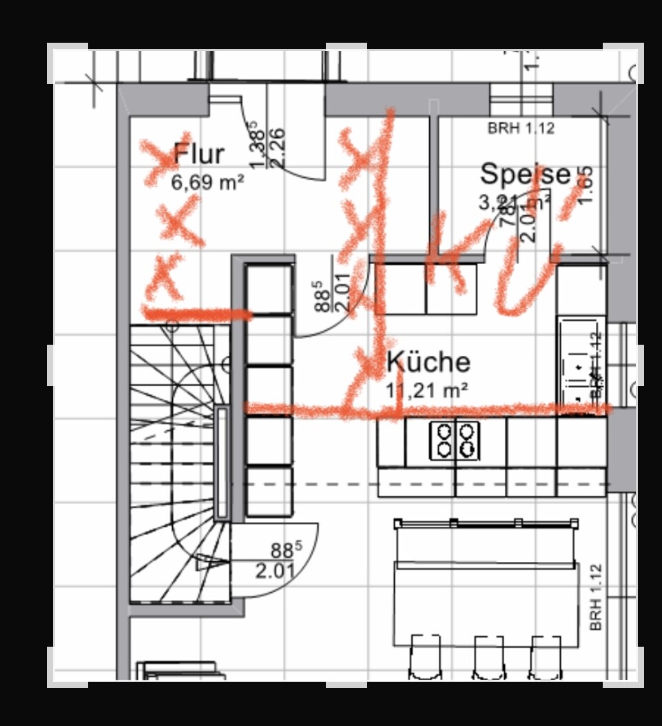 Detaillierter Grundriss einer Küche mit Flur und Essbereich in einer Wohnungsplanung.