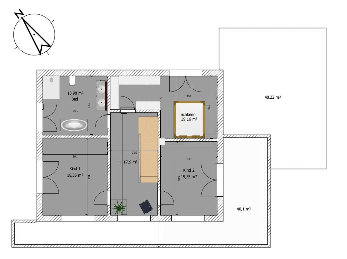 Grundriss eines Wohnhauses: Bad, Schlafzimmer, zwei Kinderzimmer, Treppenhaus und Außenflächen.
