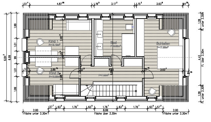 Dachgeschoss-Grundriss: 2 Kinderzimmer links, Schlafzimmer rechts, Bad Mitte, Treppe im Zentrum.
