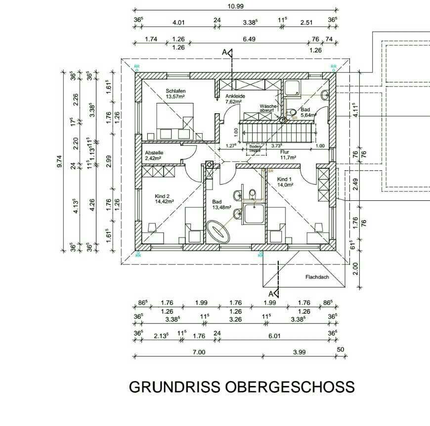 Grundriss Obergeschoss: Schlafzimmer, zwei Kinderzimmer, Bad, Ankleide, Abstellraum, Flur