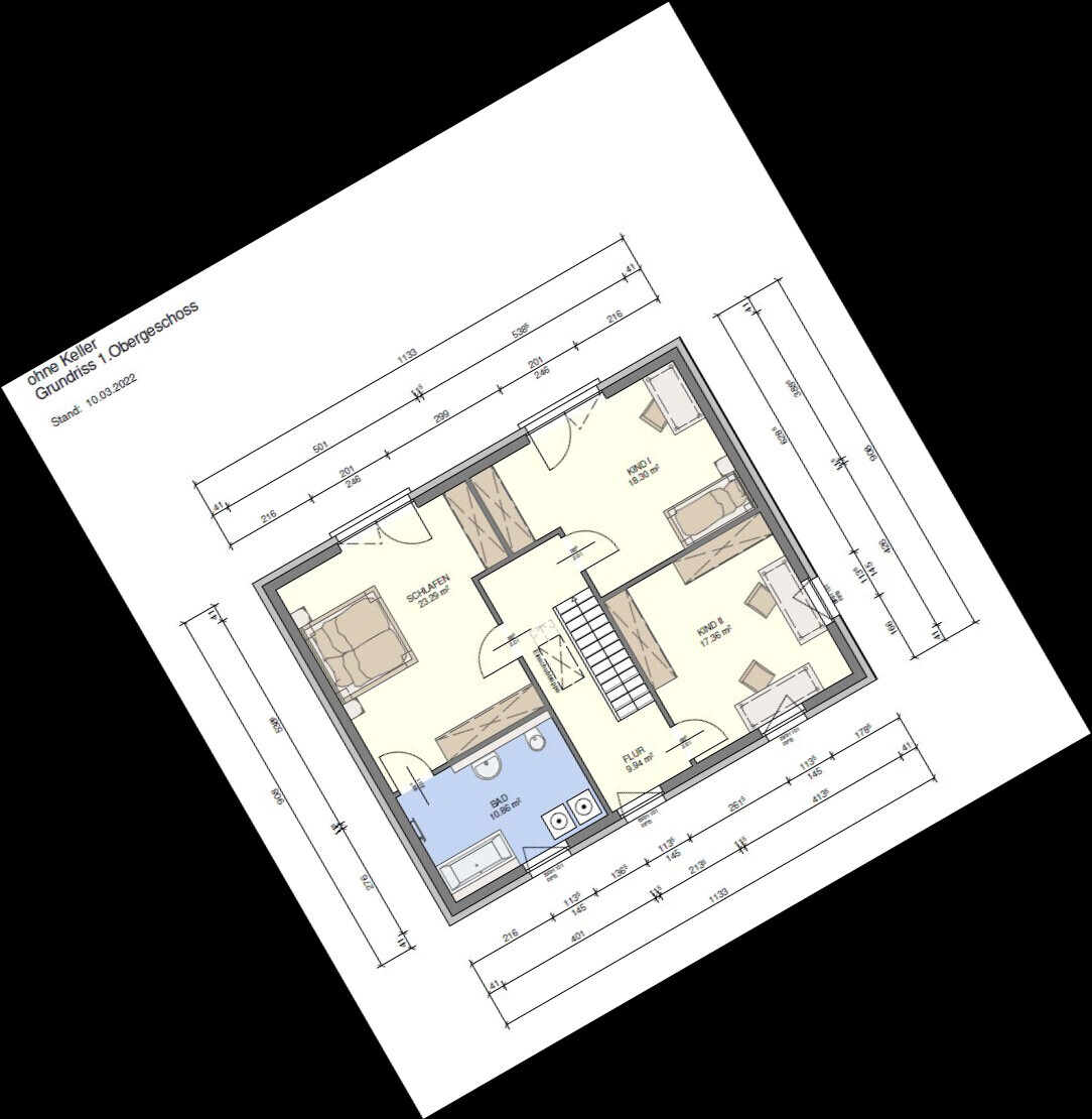 Grundriss eines Obergeschosses mit Schlafzimmer, zwei Kinderzimmern, Bad, Flur und Treppenhaus