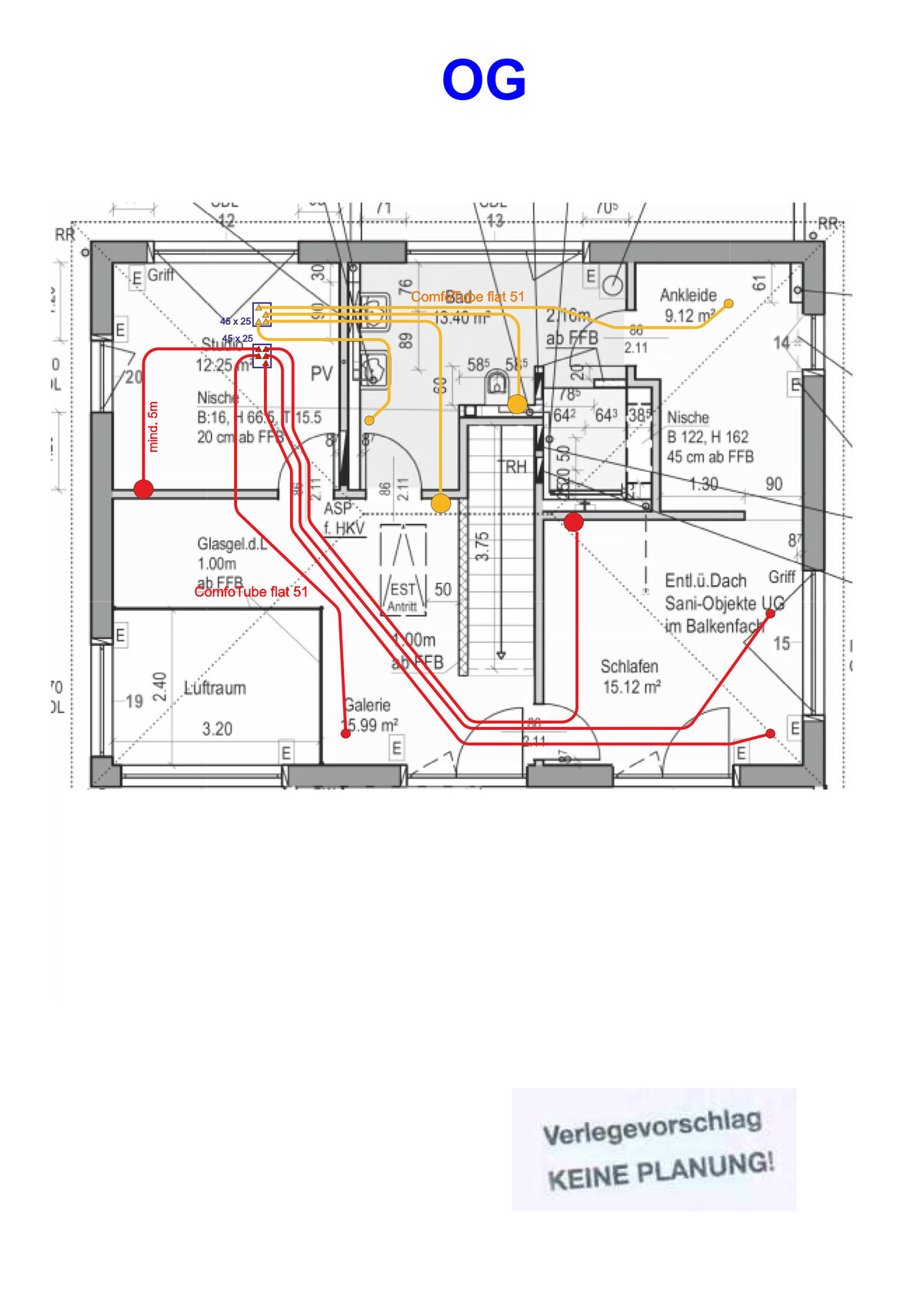 Grundriss OG mit roten und orangen Verlegewegen; Verlegevorschlag, KEINE PLANUNG.