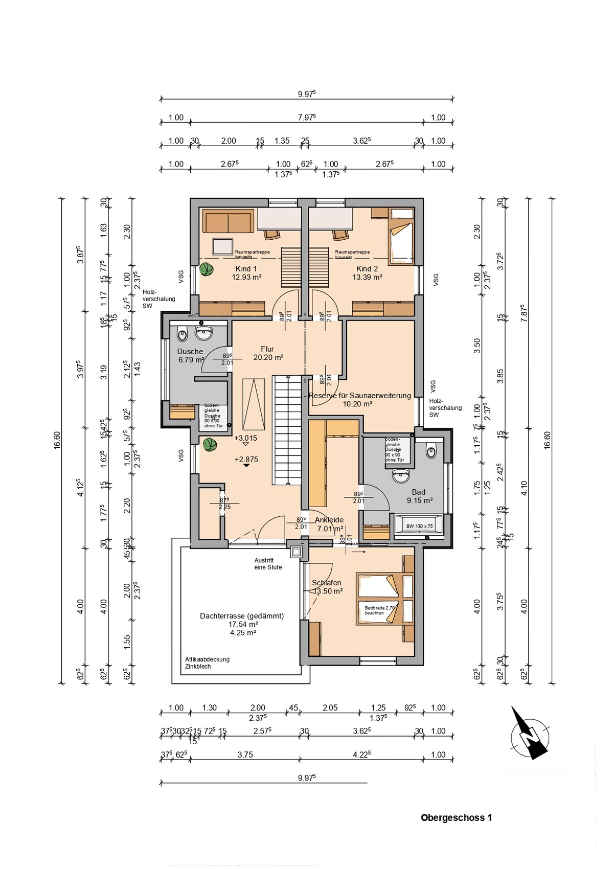 Grundriss Obergeschoss: Schlafen, zwei Kinderzimmer, Bad, Dusche, Flur, Ankleide, Saunaerweiterung.
