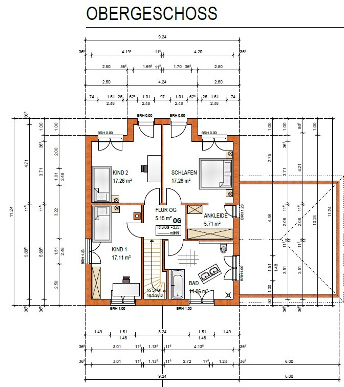 Grundriss des Obergeschosses mit Schlafzimmer, zwei Kinderzimmern, Ankleide, Bad und Flur.