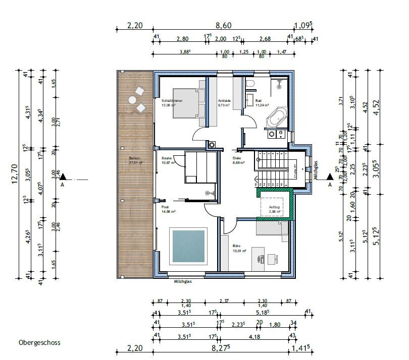 Grundriss des Obergeschosses: Schlafzimmer, Bad, Ankleide, Büro, Diele, Balkon, Aufzug.