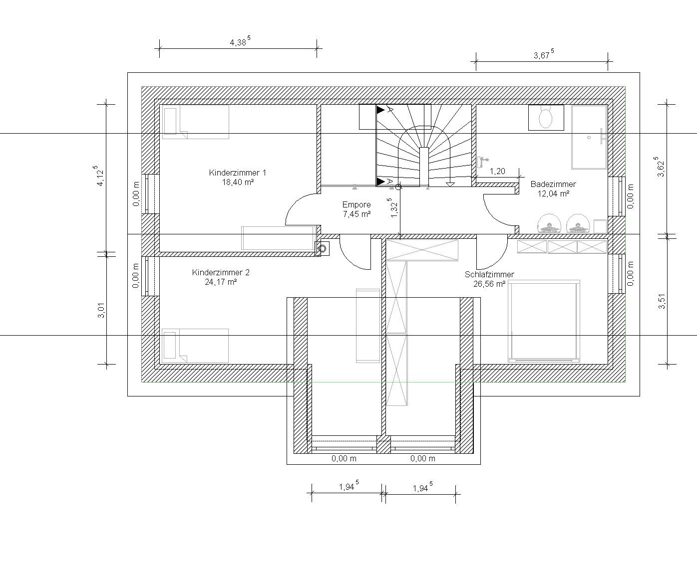 Grundriss eines Hauses: zwei Kinderzimmer, Schlafzimmer, Badezimmer, Empore und Spiraltreppe.