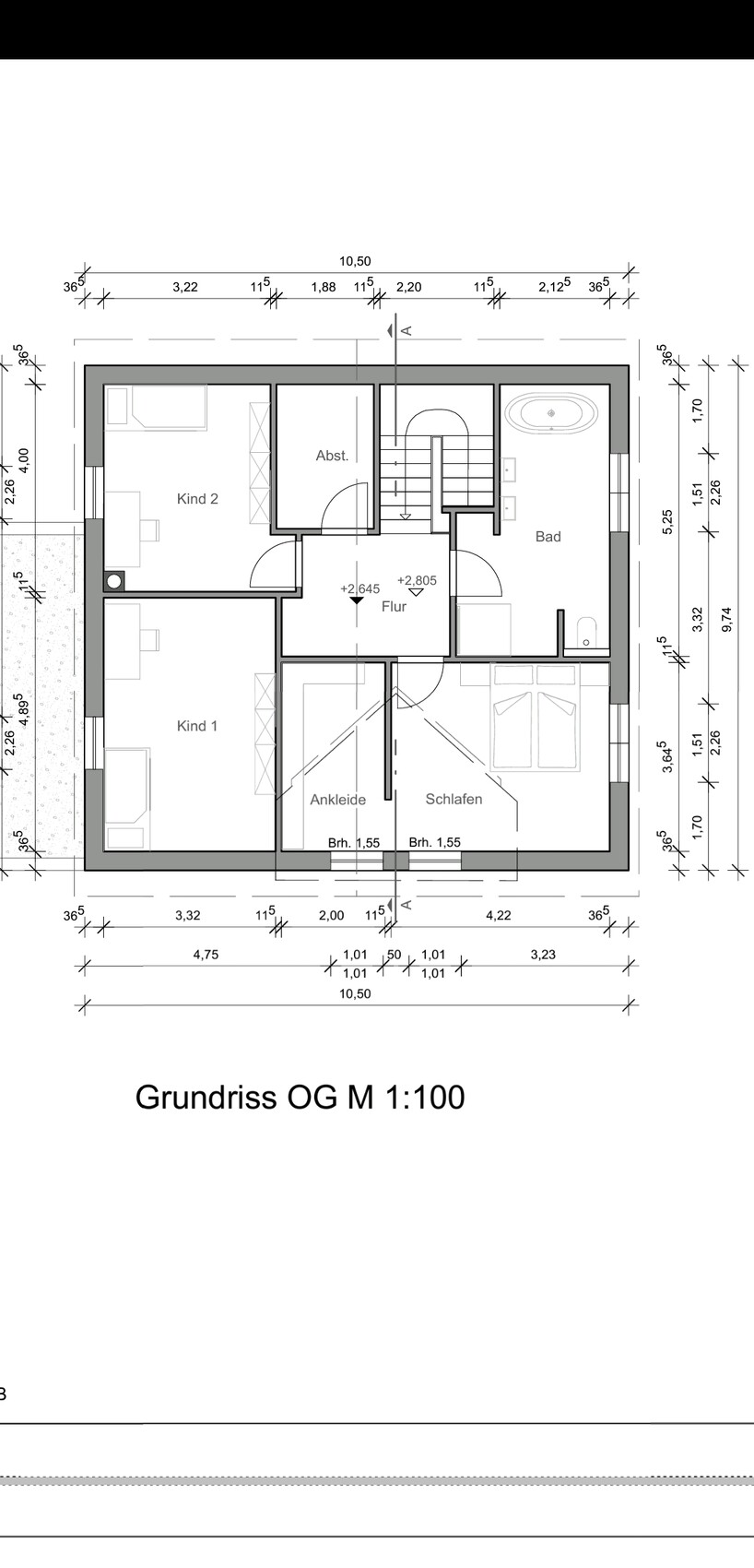 Grundriss OG: Flur, Schlafen, Ankleide, Kind 1, Kind 2, Bad und Abstellraum.