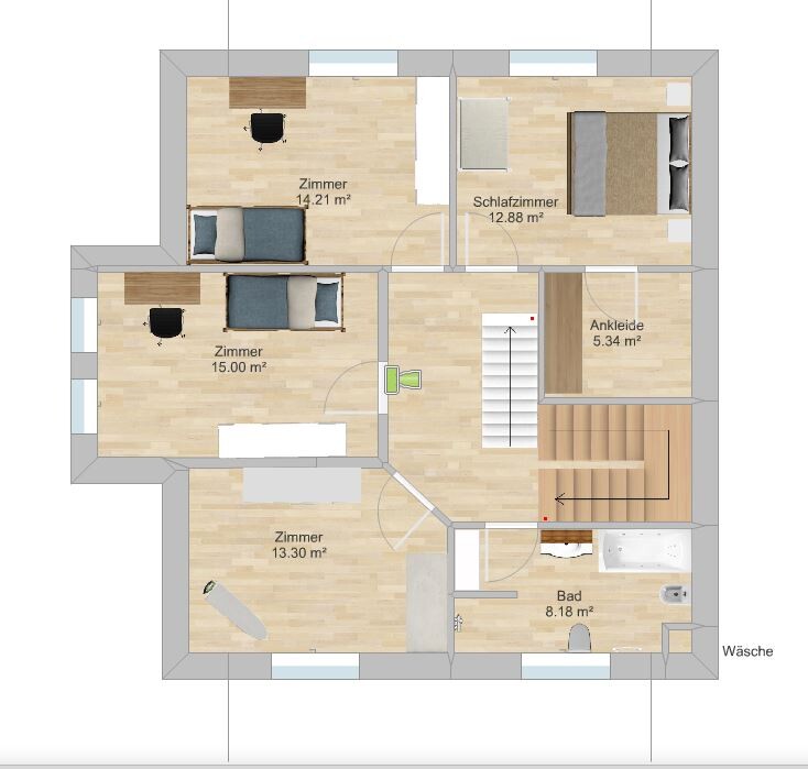 Grundriss eines Obergeschosses mit Schlafzimmer, zwei Zimmer, Ankleide, Bad, Wäsche und Treppenaufgang