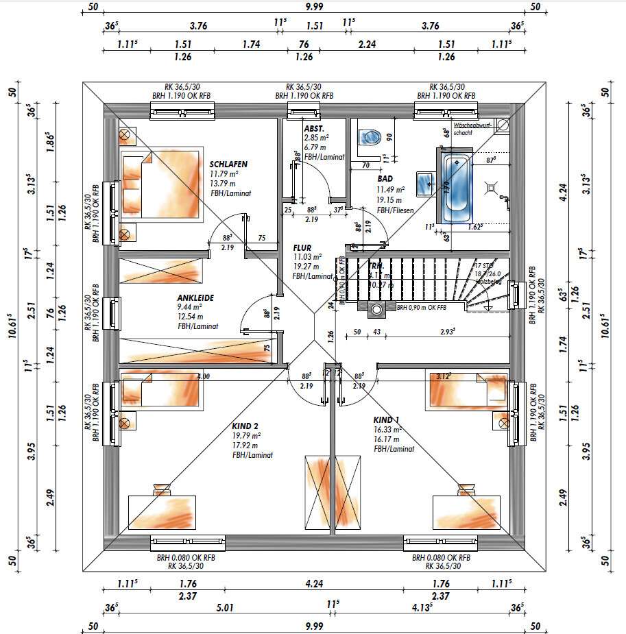 Grundriss Dachgeschoss: Schlafzimmer, Ankleide, Kind 1, Kind 2, Bad, Flur, Abstellraum.