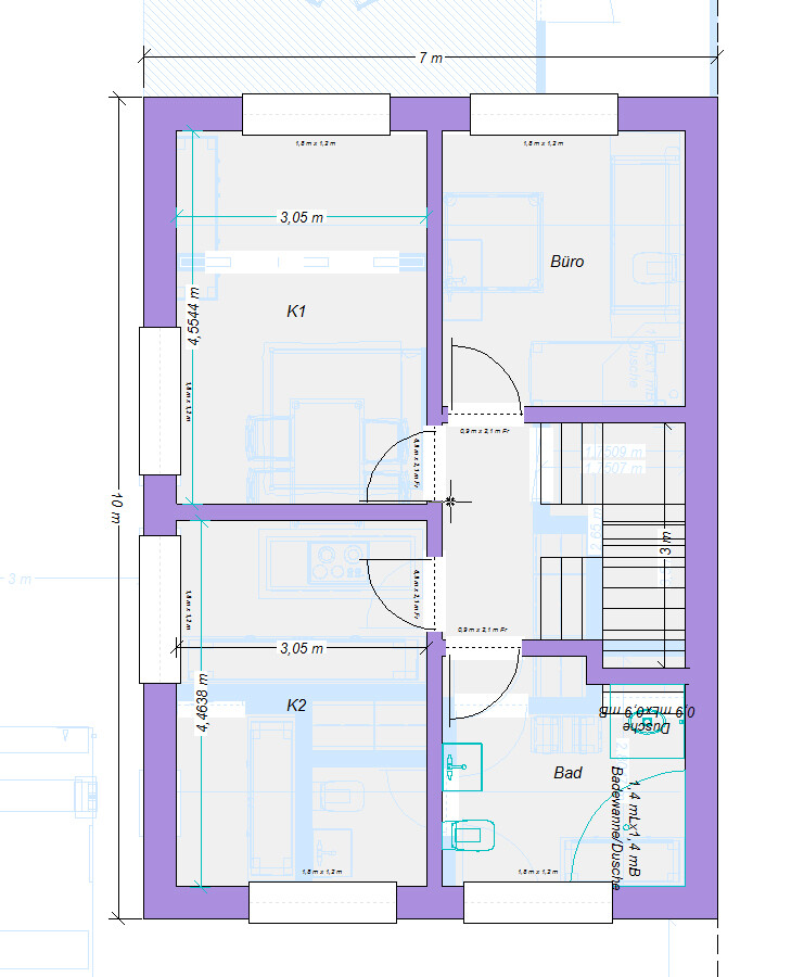 Grundriss: zwei Zimmer (K1, K2), Büro, Bad, Flur, Treppenhaus, Möbel.