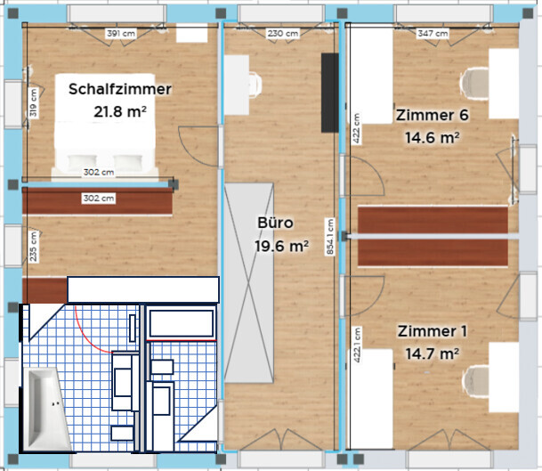 Grundriss eines Apartments: links Schlafzimmer, Mitte Büro, rechts zwei Zimmer, unten Bad.