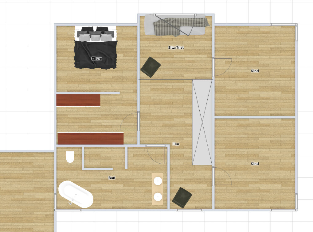 Grundriss: Eltern-Schlafzimmer links, Flur Mitte, Bad unten, zwei Kinderzimmer rechts, Sitz/Nist oben.