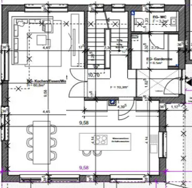Grundriss eines Hauses mit Küche, Essbereich, Wohnzimmer, Treppe, WC und Garderobe.