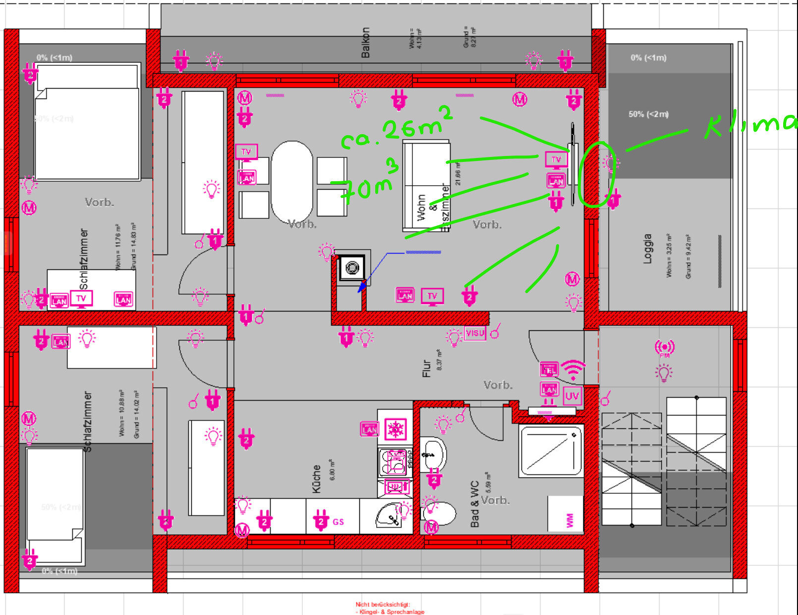 Grundriss einer Wohnung mit Wohnzimmer, Küche, Bad, Flur, Schlafzimmer, Loggia und Balkon.