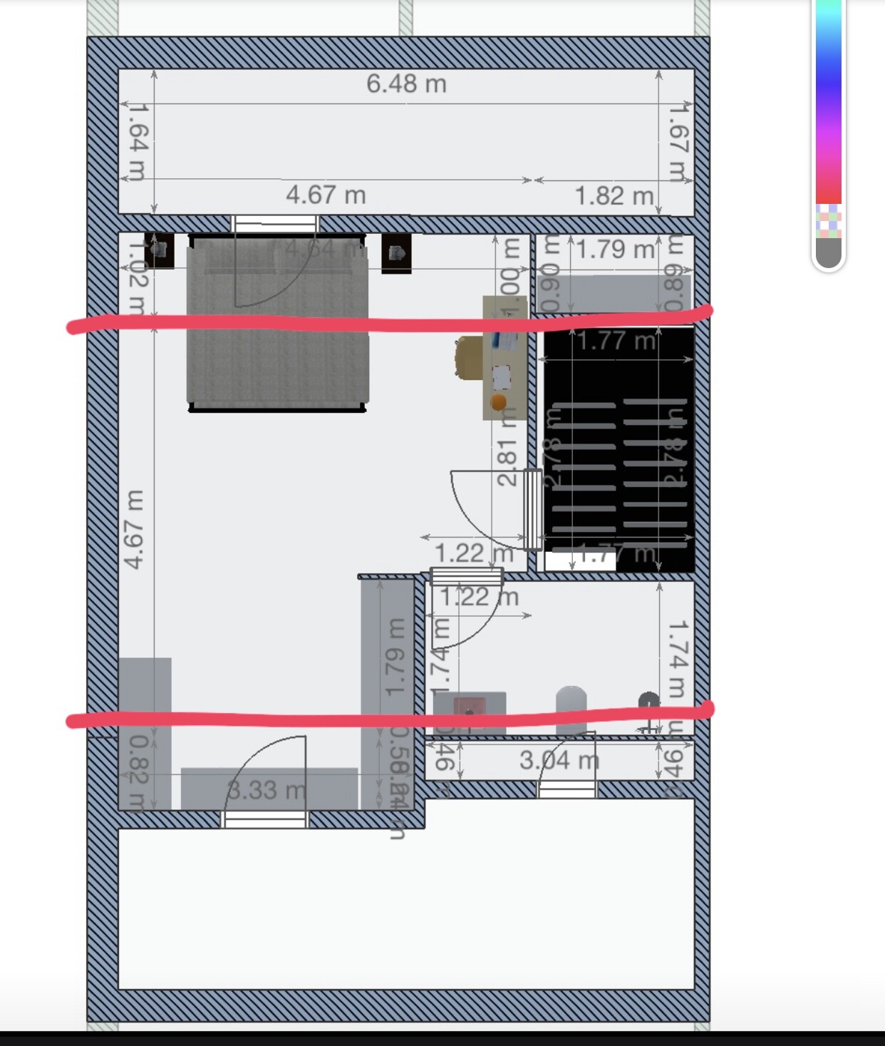 Grundriss eines Innenraums mit Möbeln, Türen, Maßlinien und roten Markierungen