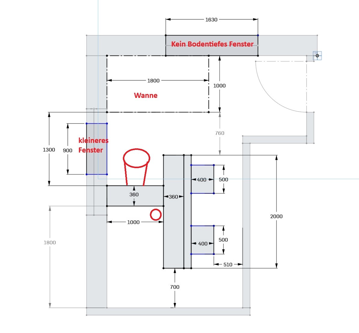 2D-Grundriss eines Hauses mit Wanne, kleinem Fenster, Türen und Maßlinien
