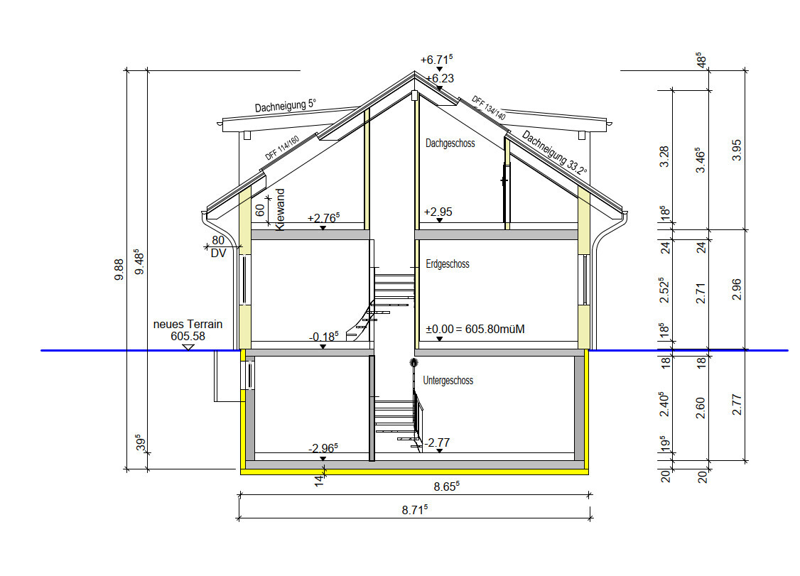 Schnitt durch ein Haus mit Keller, Erd- und Dachgeschoss, zentrale Treppe und Dachkonstruktion.