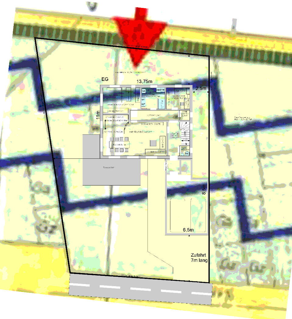 Grundriss/Lageplan eines Gebäudekomplexes mit Zufahrt, Umrandung und Innenraumaufteilung.