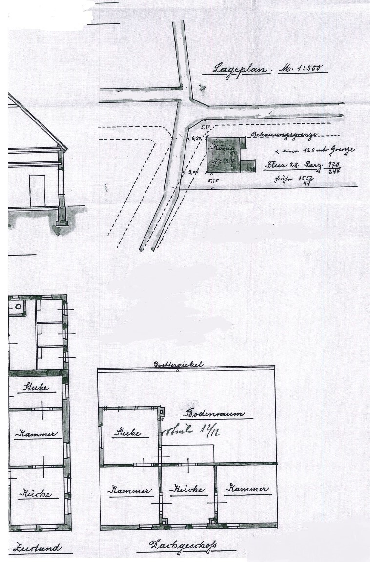 Lageplan eines Gebäudes mit Grundriss: Küche, Kammer, Stube, Dachgeschoss und Außenansicht