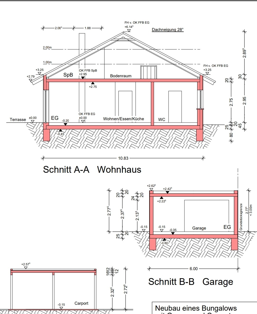 Schnitt A-A: Wohnhaus mit EG, Dach, Terrasse, Garage und Carport.