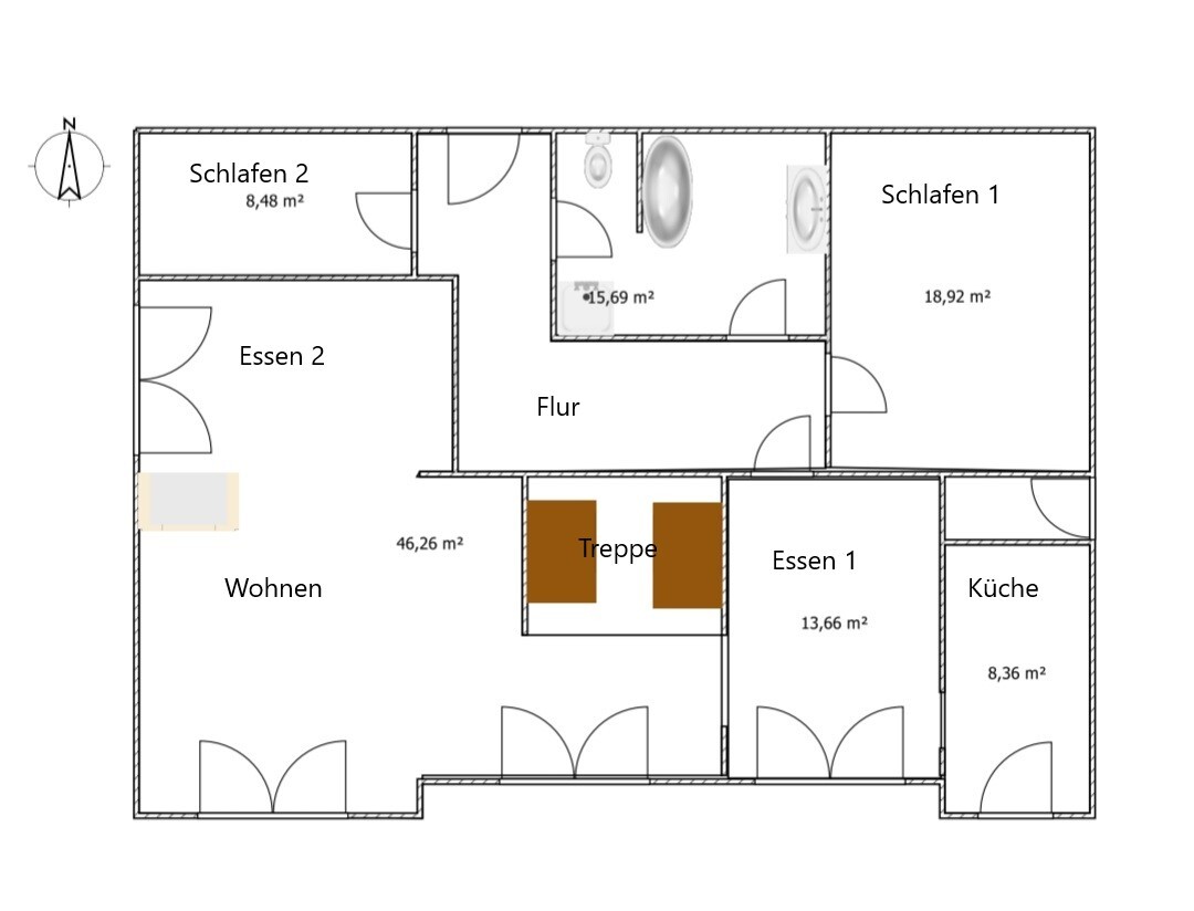 Detaillierter Grundriss eines Wohnhauses mit Schlafräumen, Küche, Bad und Treppe