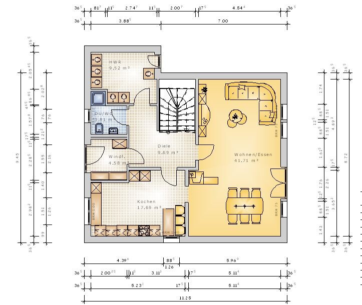 Grundriss eines Hauses: zentrale Treppe, Küche links unten, Diele Mitte, Wohnzimmer/Essen rechts.