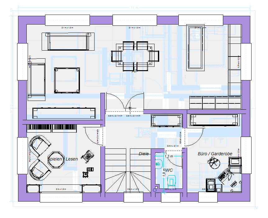 Grundriss eines Wohnhauses mit Spiel-/Lesezimmer, Büro, Diele, WC, Treppenhaus und Esstischbereich.