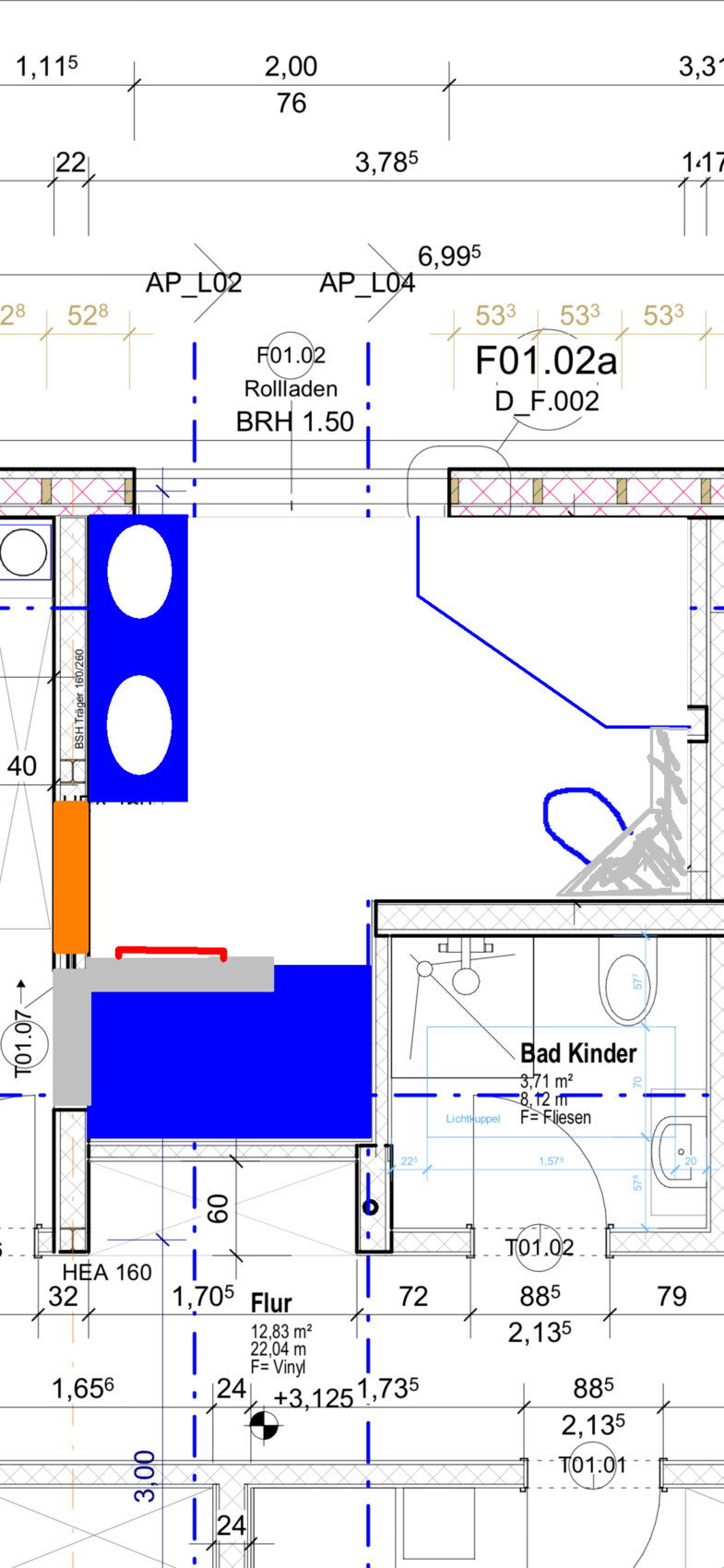 Grundrissplan eines Innenraums: Bad, Flur, Türen und Maßlinien.