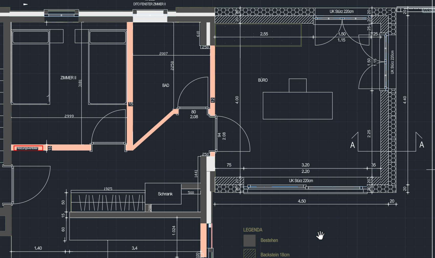 CAD-Grundriss eines Innenraums: Zimmer II, Bad, Büro, Heizungsverteiler, Türen, Maße.
