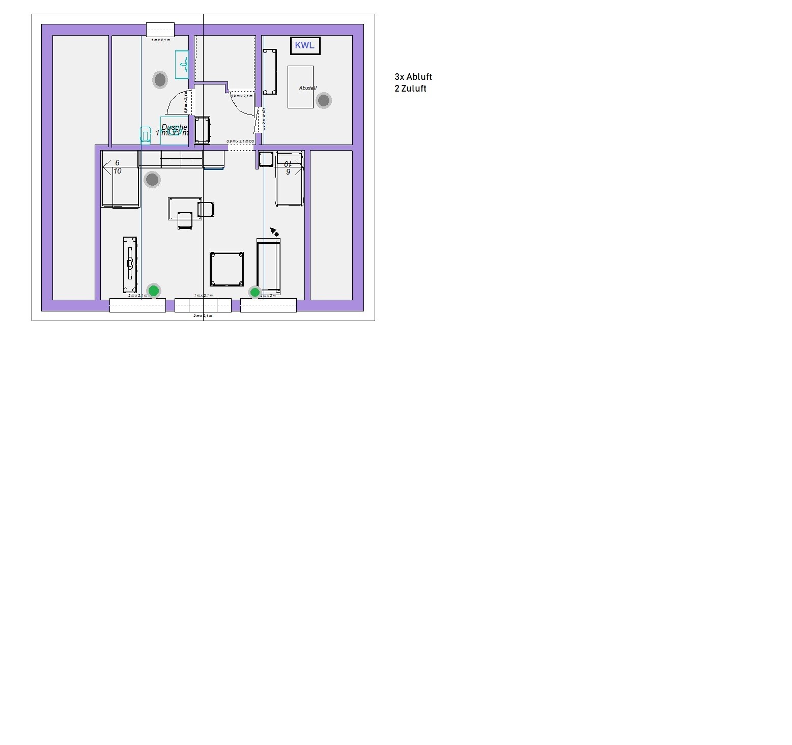 Grundriss eines Apartments mit Wohnzimmer, Küche und Bad; Lüftungswege (3 Abluft, 2 Zuluft).