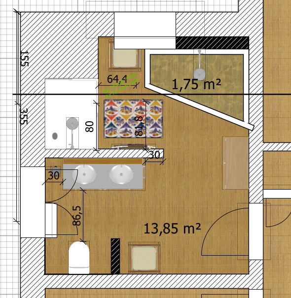 Grundriss eines kleinen Apartments: Bett, Küchenbereich, Bad und Türen.