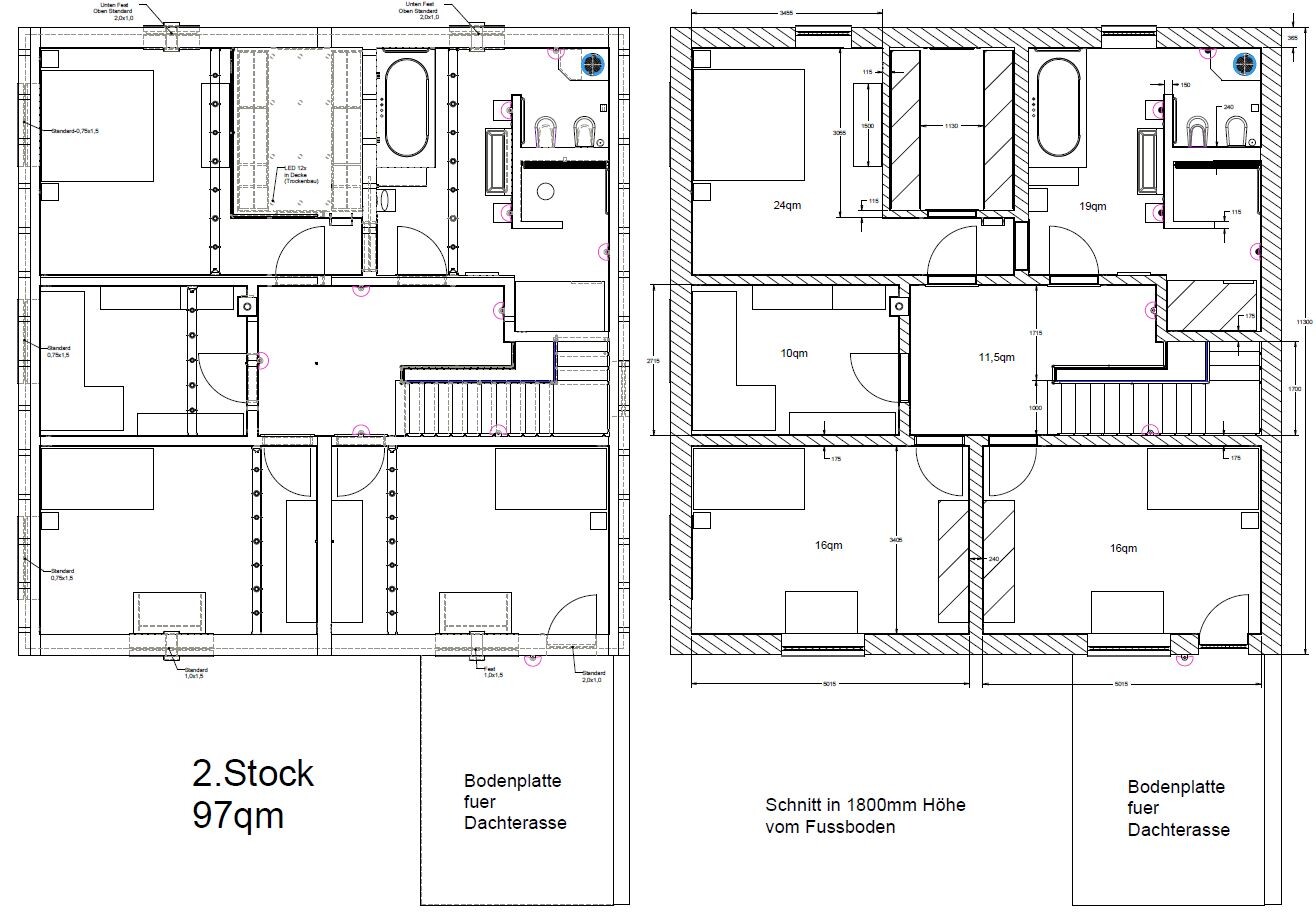 Doppelgrundriss der 2. Etage mit Zimmern, Türen und Treppen; Plan für Dachterrassenboden.