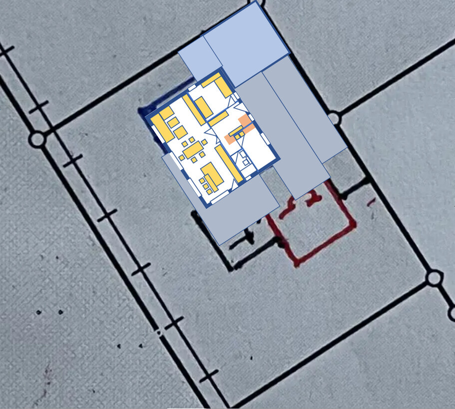 Draufsicht auf einen farbigen Gebäudegrundriss über einem grauen Bauplan, gelb markierte Räume.