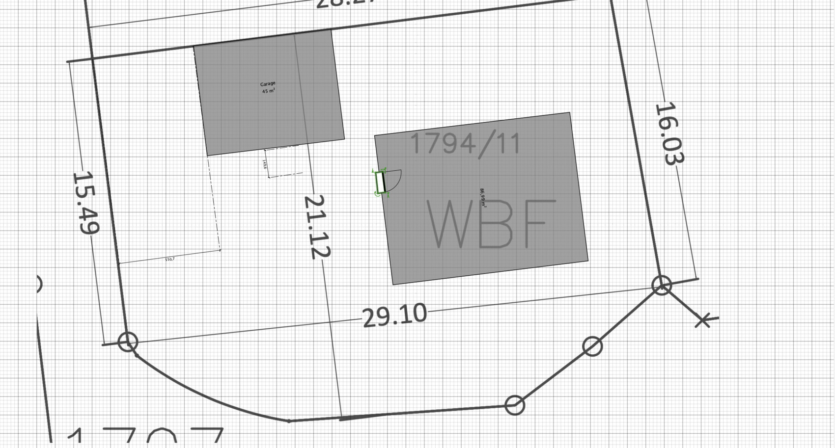 Grundriss eines Grundstücks mit zwei Gebäuden, Garage 45 m² und Maßlinien.