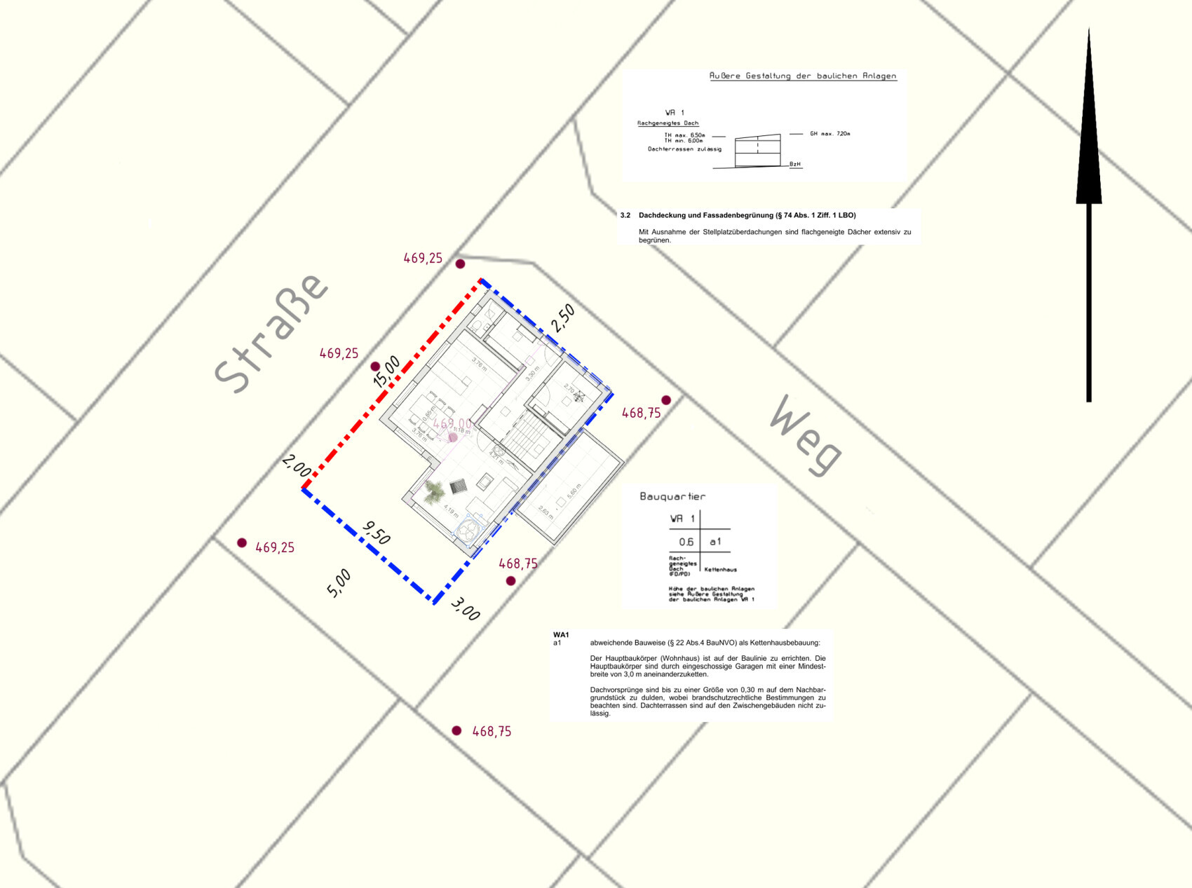 Lageplan eines Gebäudes mit blauer und roter Umrandung, Maßangaben und Straßennamen.