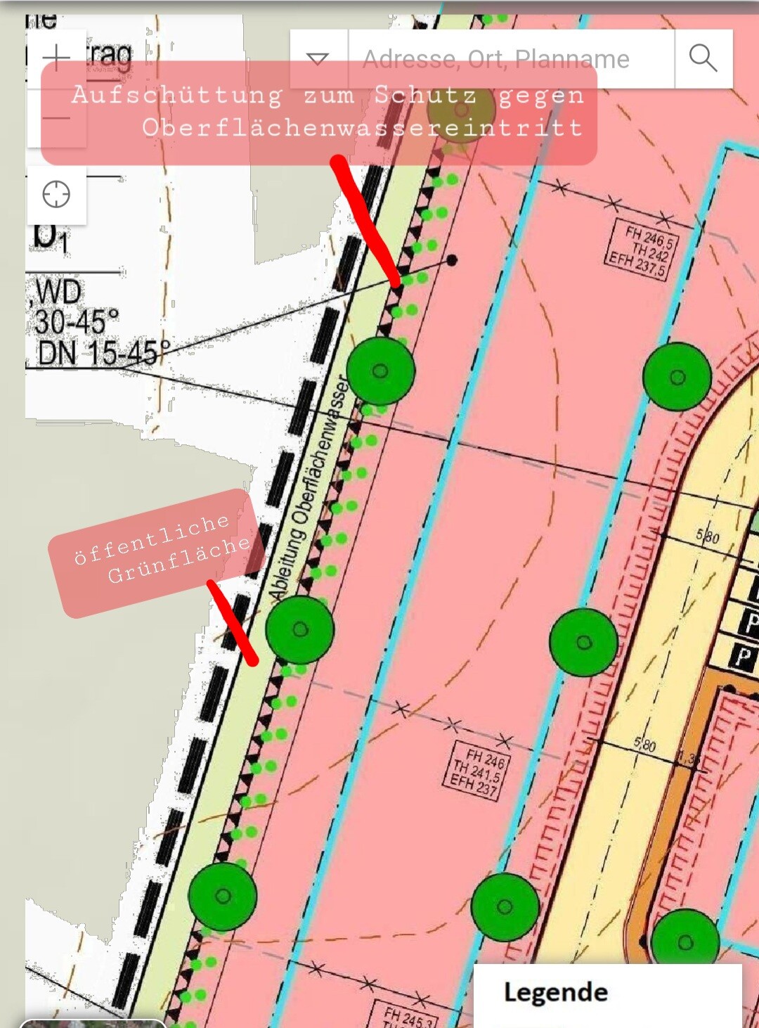 Farbiger Plan: pinke Zone, rote Markierungen, grüne Bäume, öffentliche Grünfläche, Legende unten.