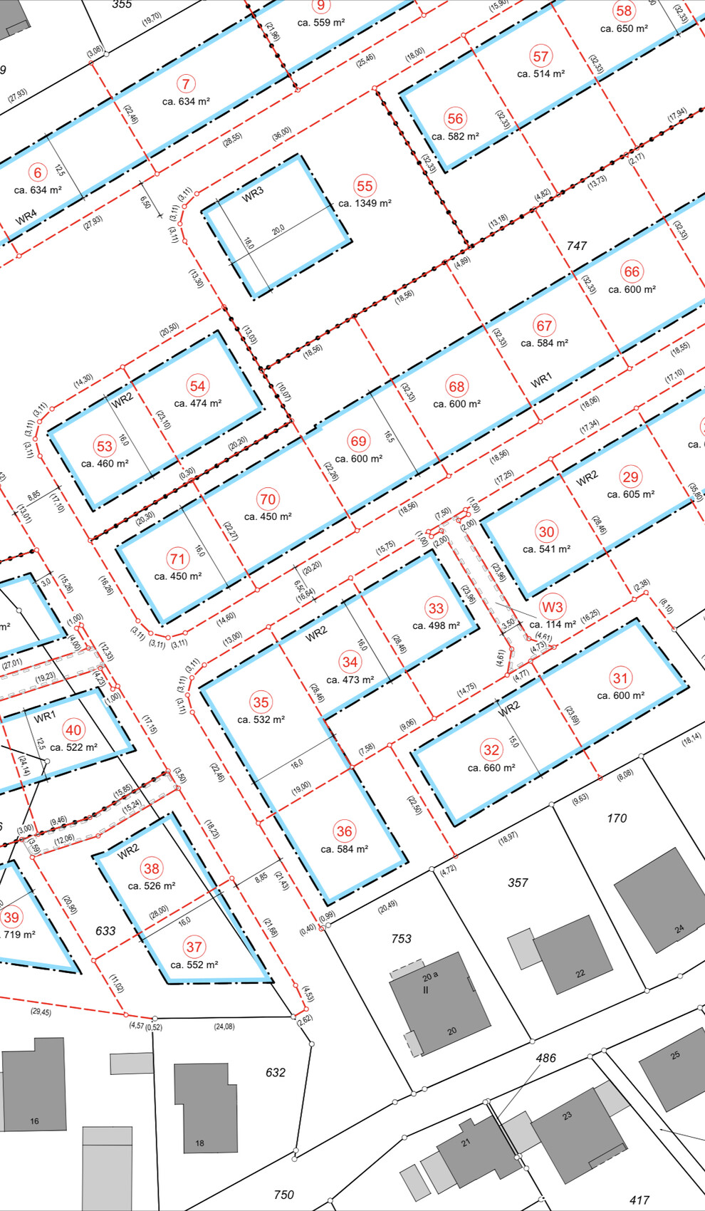 Lageplan der Parzellen: blaue Gebäudekonturen, rote Grenzlinien, Flächenangaben.