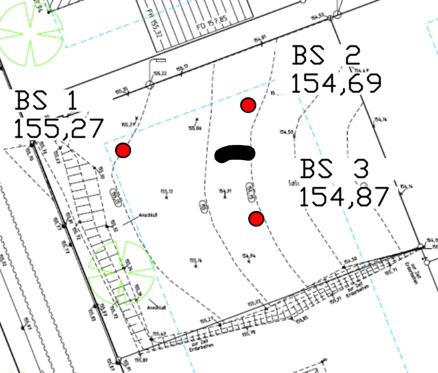 Lageplan eines Baugrundstücks mit drei roten Markierungen, Grenzlinien und BS-1/2/3-Beschriftung.
