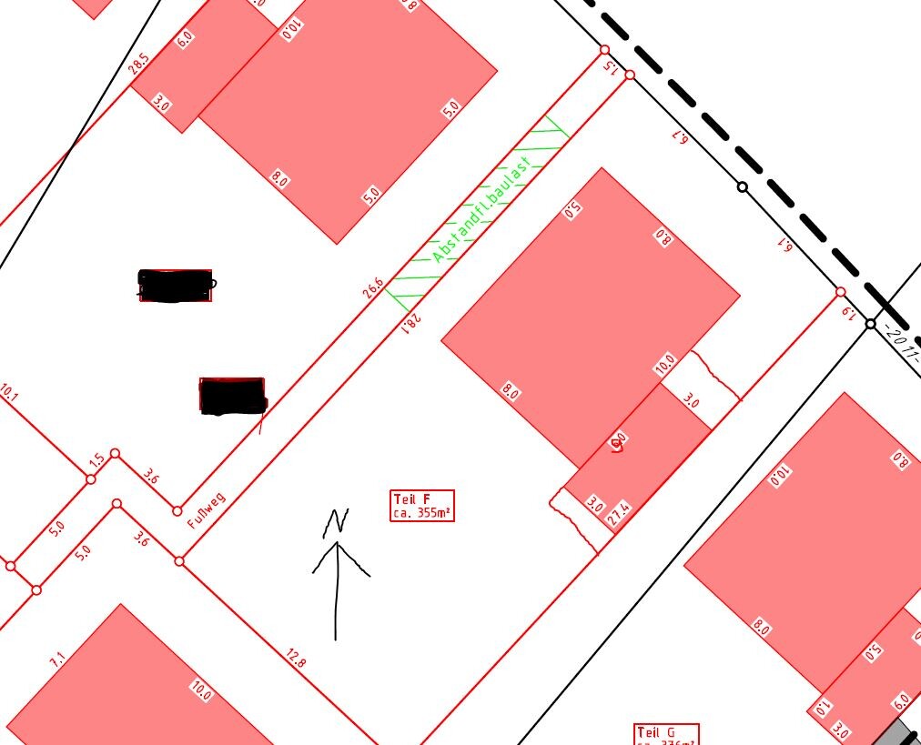 Lageplan mit roten Gebäuden, Maßlinien, Straßengrenze und Nordpfeil; Teil F ca. 355 m².