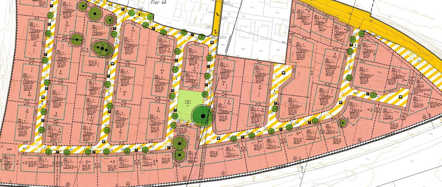 Detaillierter Bauplan eines Baugebiets mit Parzellen, Straßen, Grünflächen und Bäumen.