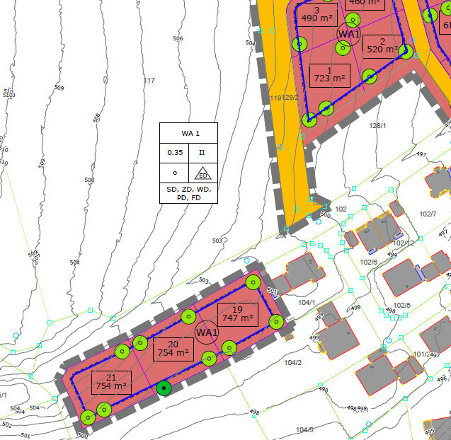 Lageplan eines Baugebiets mit rot umrissenen Parzellen, Flächenangaben und umlaufenden Wegen.