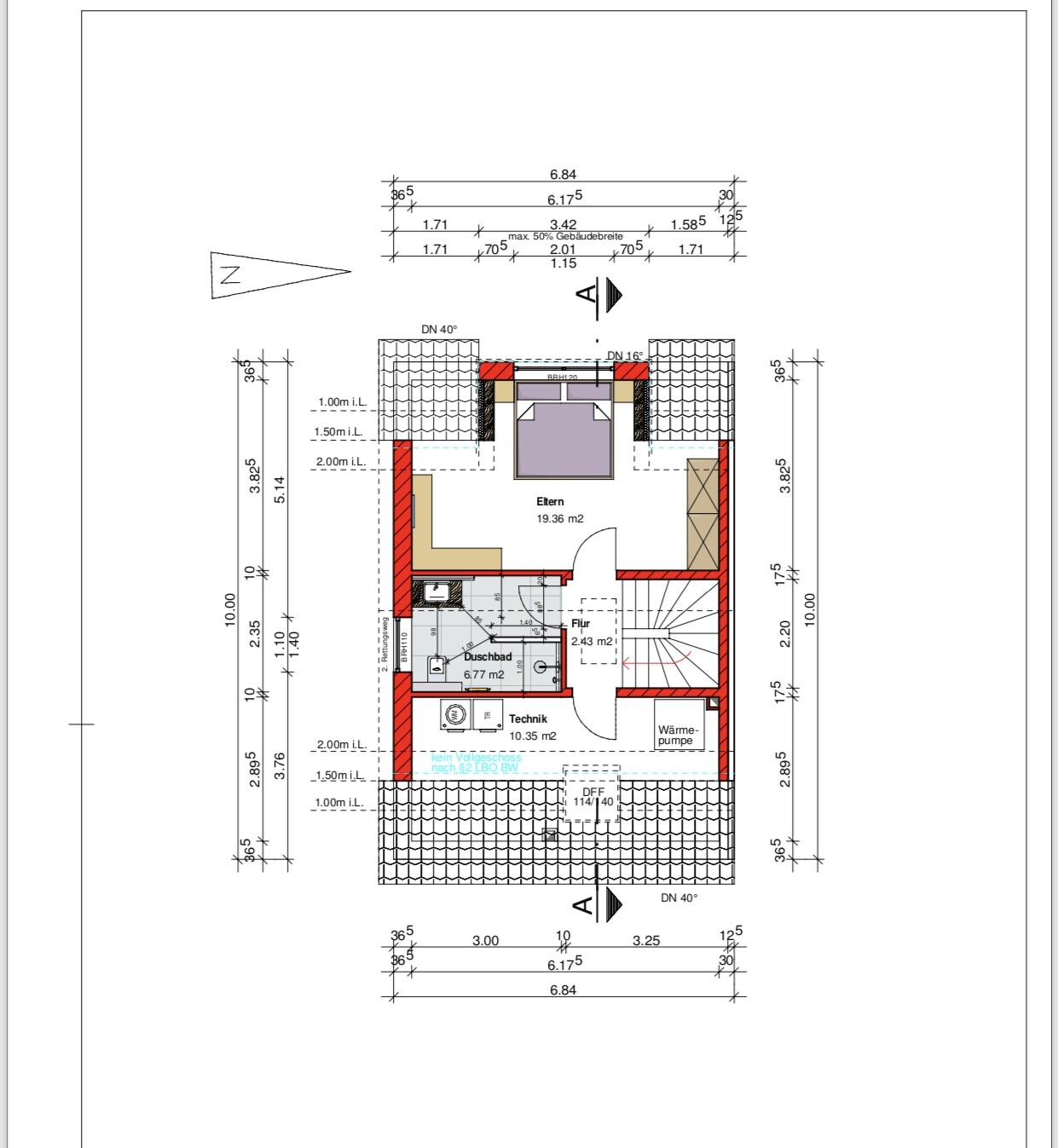 Grundriss: Erdgeschoss mit Elternzimmer, Duschbad, Flur, Technik, Treppe und Wärmepumpe.