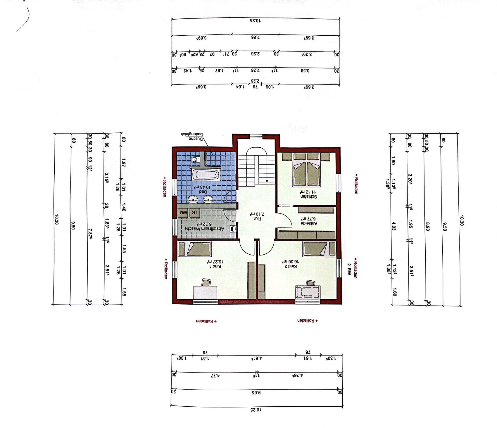 Grundriss eines Hauses: rote Außenwände, Bad, Küche, Schlafzimmer, Wohnzimmer, Treppe.