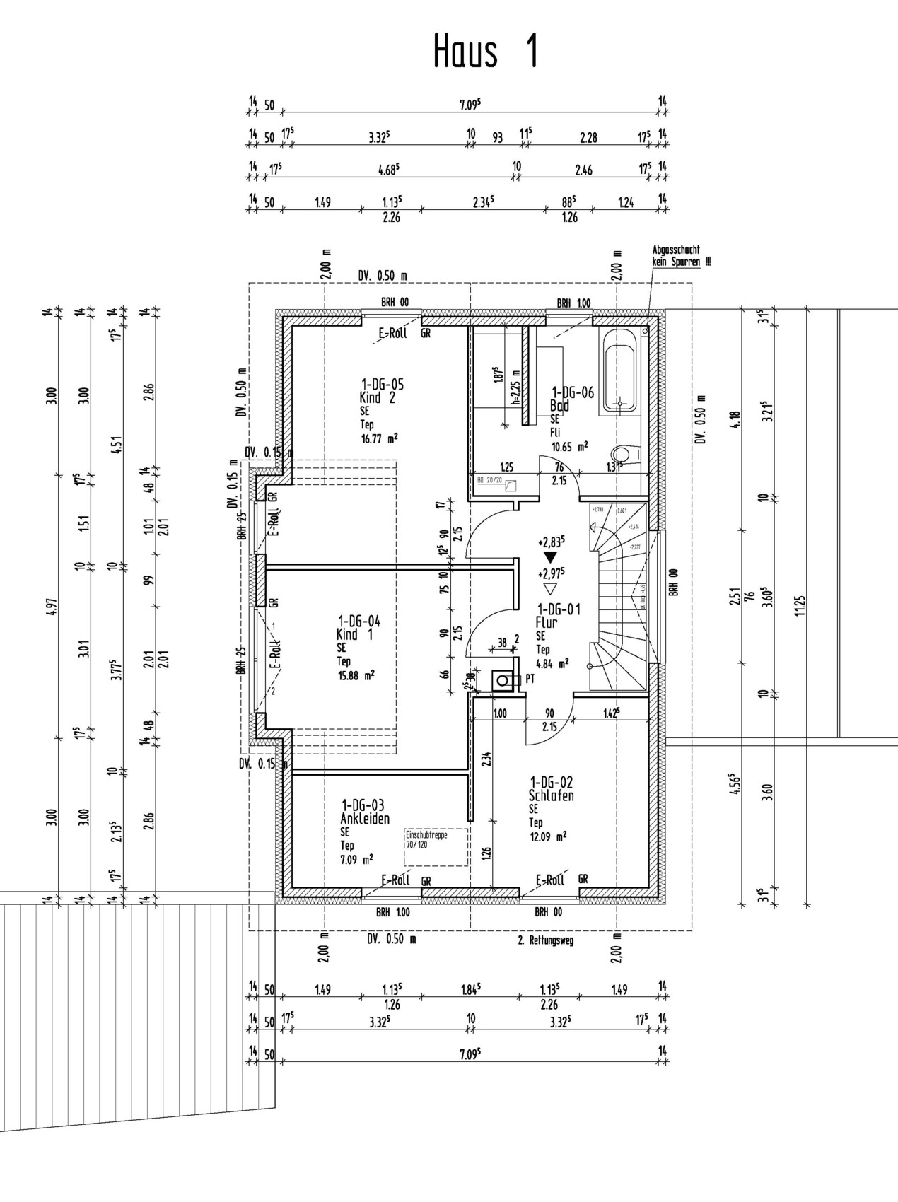 Grundriss Haus 1: Dachgeschoss mit Flur, Schlafen, Ankleide, Bad und zwei Kinderzimmer.