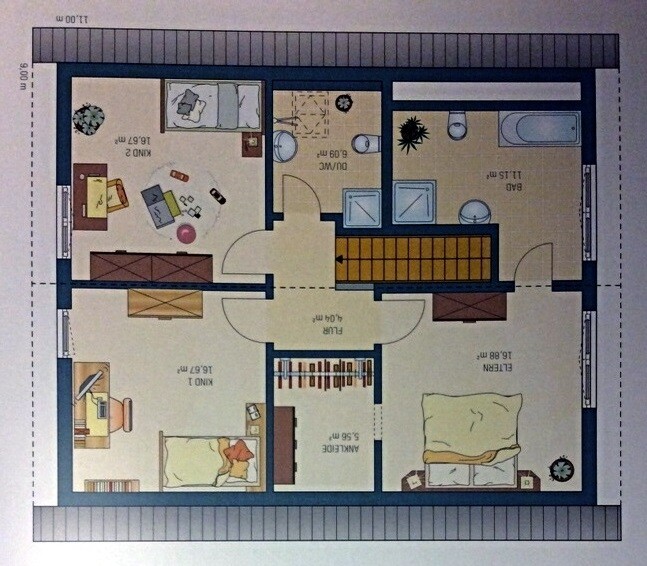 Draufsicht auf einen Hausgrundriss: Flur, Treppe, zwei Schlafzimmer, Küche/Esszimmer und Bad.