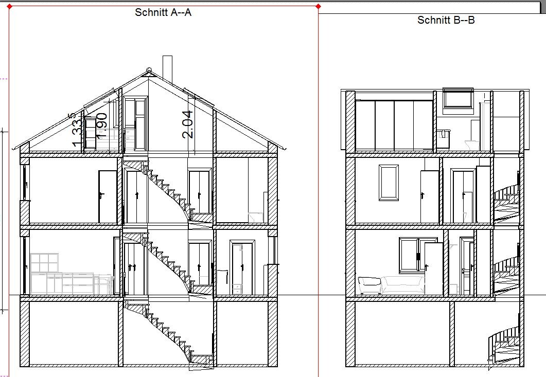 Schnitt A-A und Schnitt B-B eines mehrstöckigen Hauses mit Treppen, Räumen und Dachgeschoss.