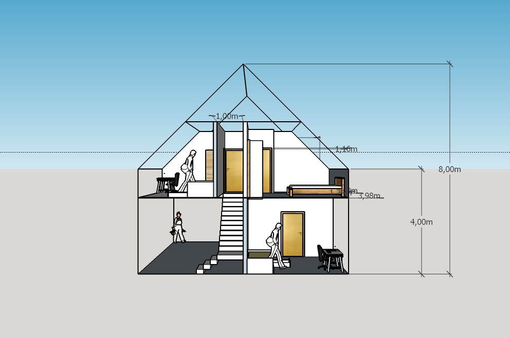 Querschnitt eines zweistöckigen Hauses mit Dachgeschoss, Treppe, Möbeln und Personen.
